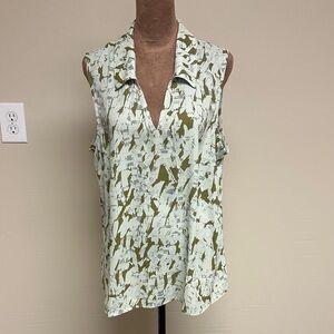 CAbi Olive and White Sleeveless Blouse